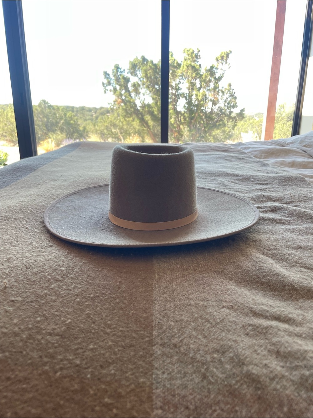 Janessa Leone Wide Brim Wool Hat, Taupe with leather band, Size Small